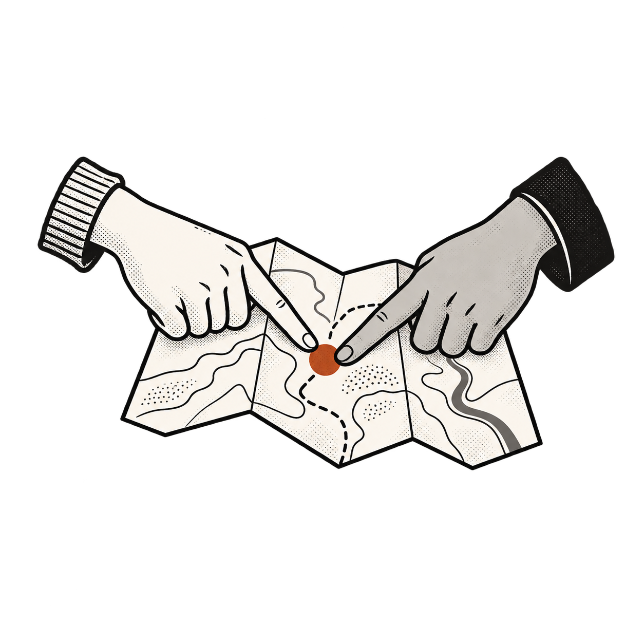 Two hands point to the same place on a map