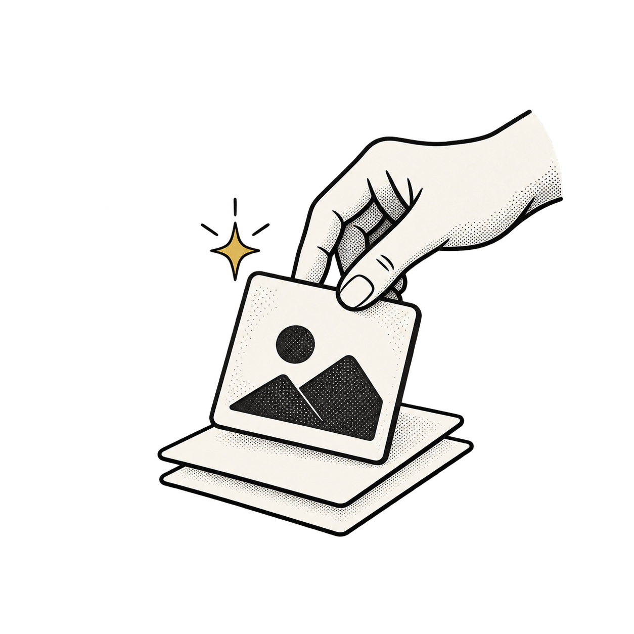 A hand places a finished content tile on a stack of pages