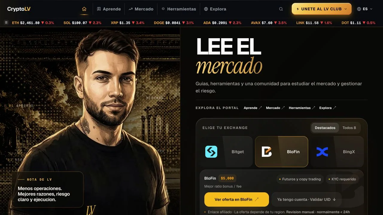 Screenshot of CryptoLV's Spanish-language homepage, with Learn, Market, Tools, and Explore sections.