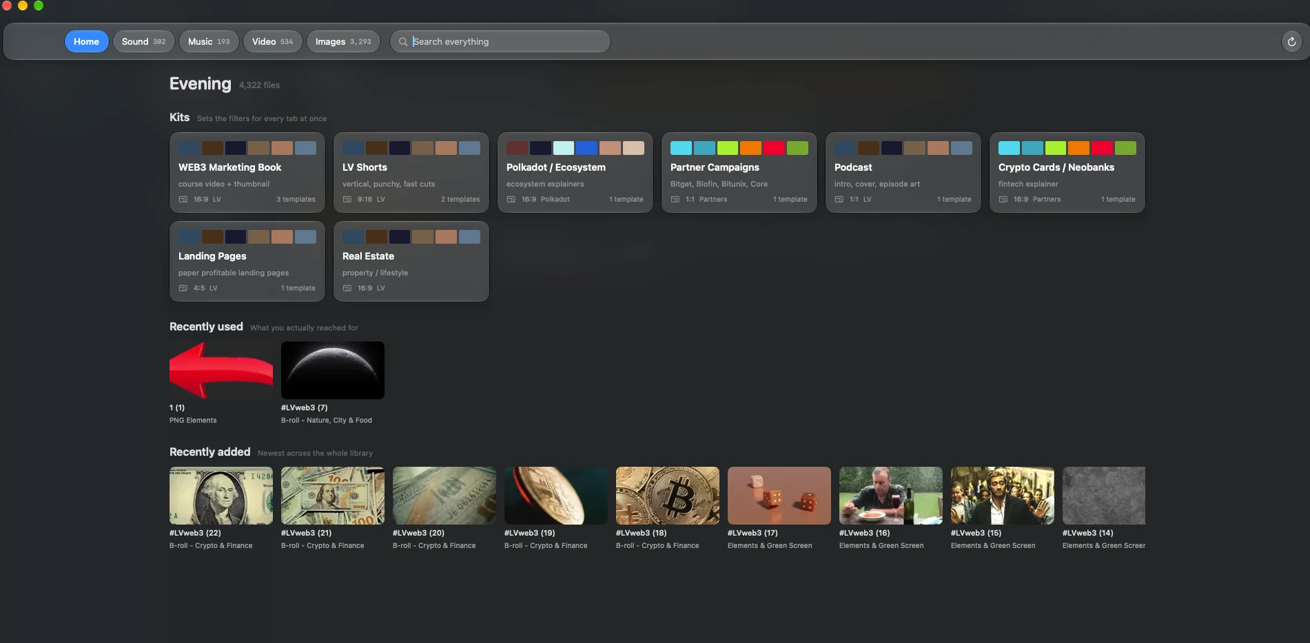 The Cutting Room Home with saved kits, recently used files, and recently added media.