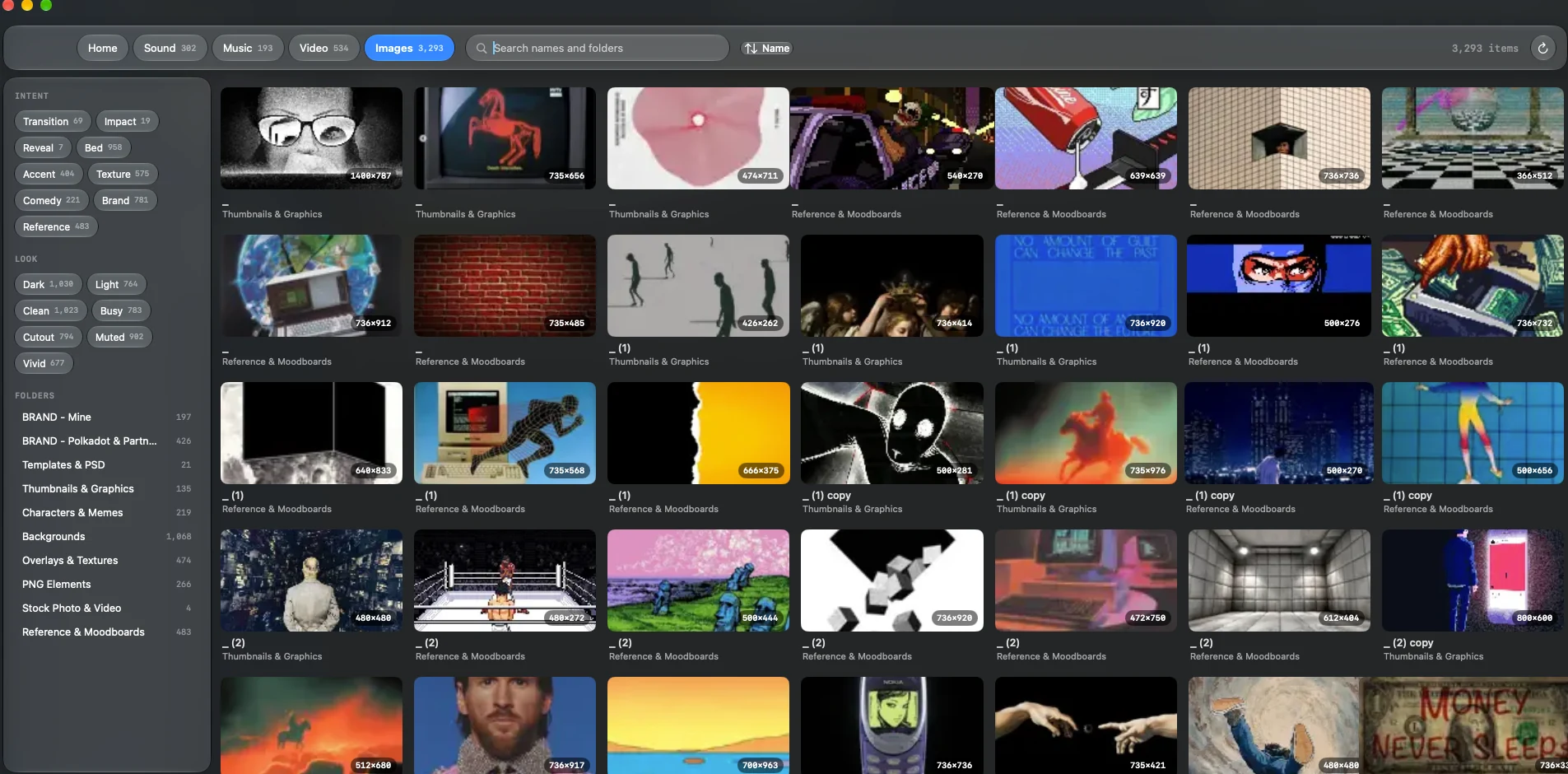 The Images library with search, Intent and Look filters, folders, and image previews.