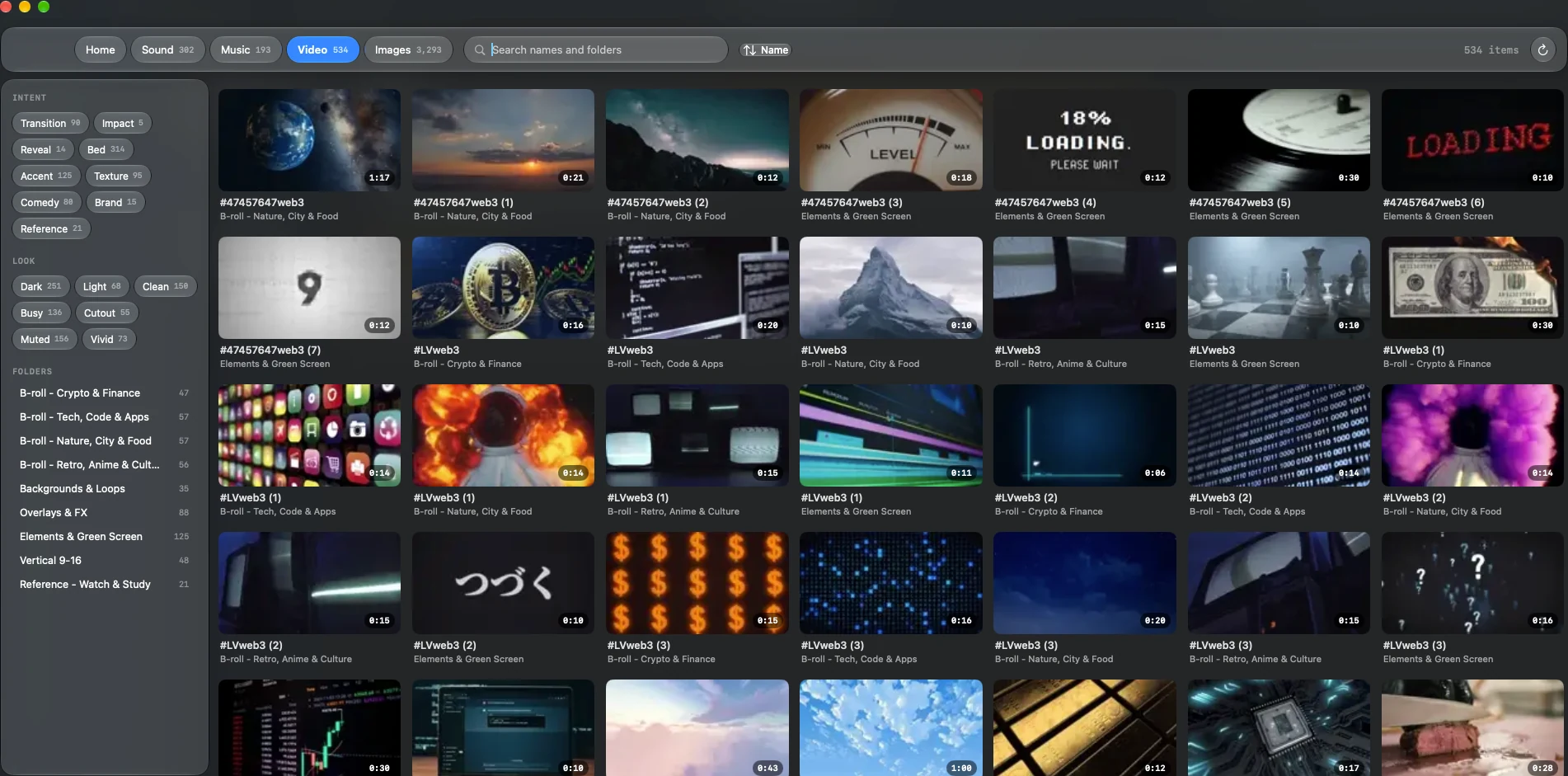 The Video library with search, Intent and Look filters, folders, and a grid of media previews.