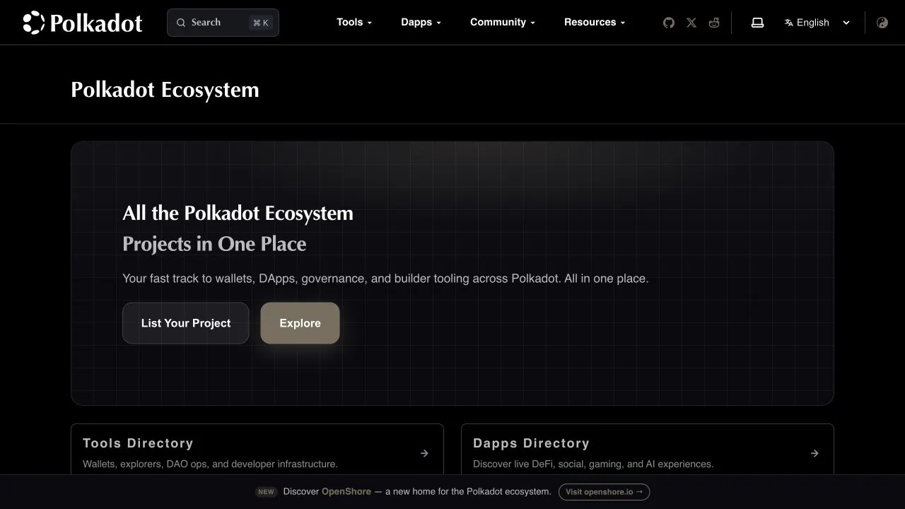 Polkadot Ecosystem homepage, where DaBlock's former portal and directory content moved.