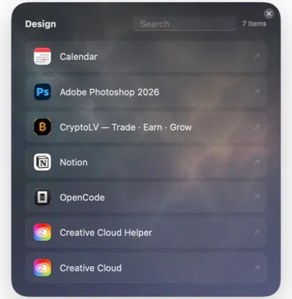 GlassFolder Design launcher listing grouped macOS apps.