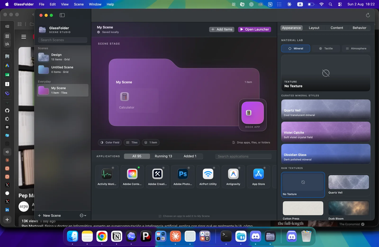 GlassFolder Scene Studio showing material styles and texture controls.