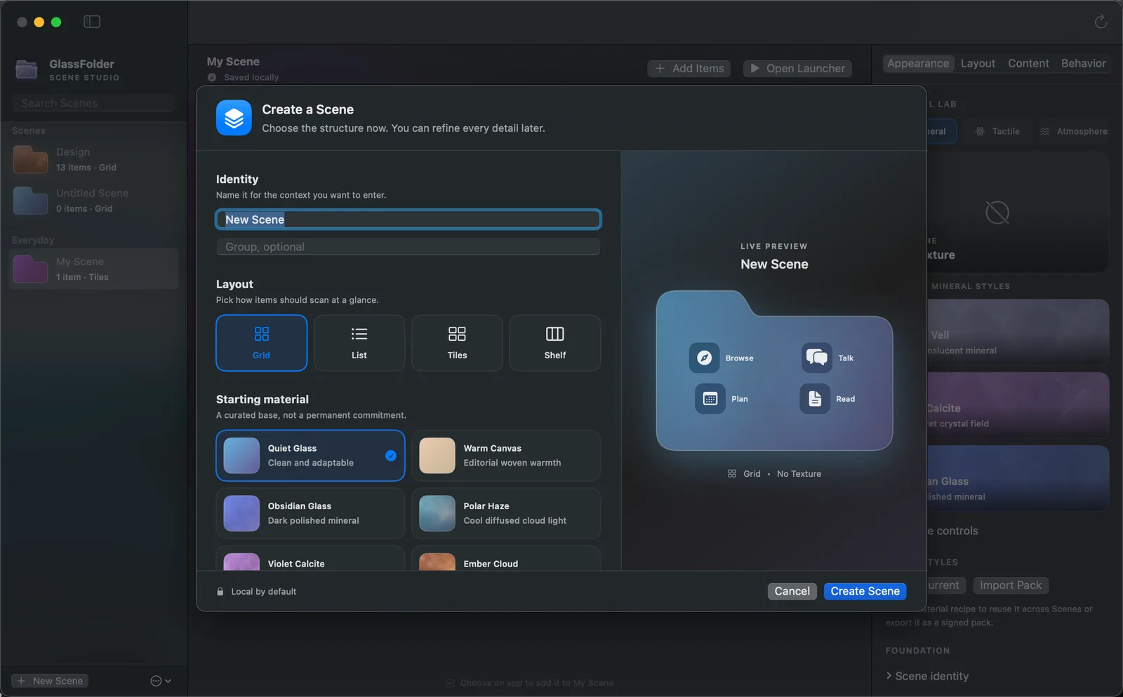 GlassFolder scene creator showing layout and material choices beside a live preview.