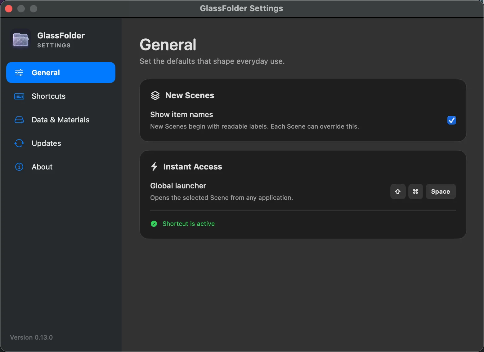 GlassFolder General settings for new scenes and the global launcher shortcut.