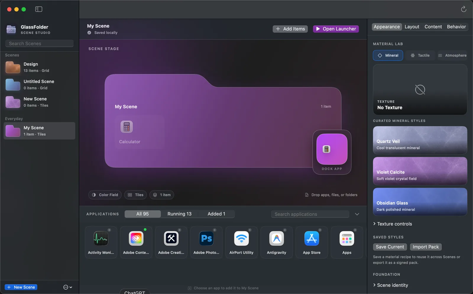GlassFolder Scene Studio with a scene preview, item browser, and appearance controls.