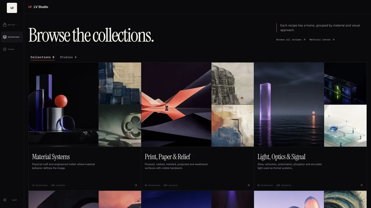 The English-language LV Studio Collections page grouping visual directions with artwork and short descriptions.