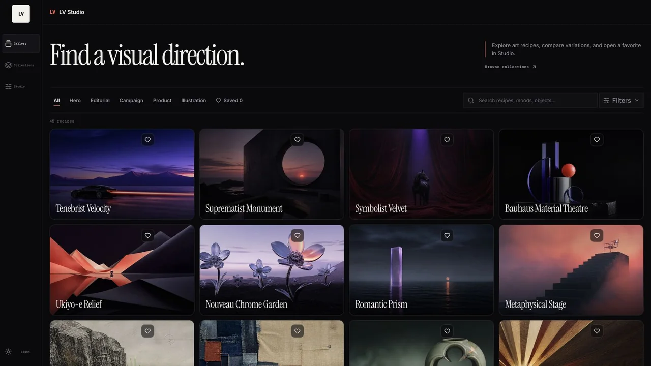 The English-language LV Studio Gallery showing visual recipes, category filters, and artwork previews.