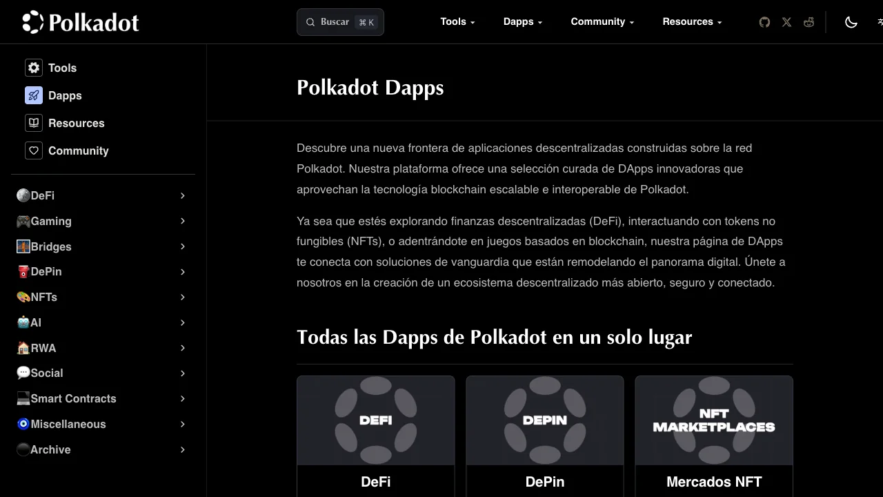 Directorio de dapps de Polkadot con introducción en español y categorías de aplicaciones.