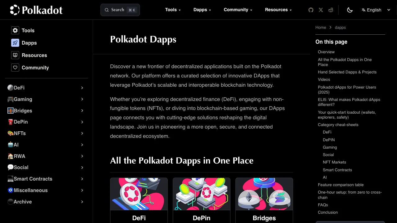 Polkadot Dapps directory with category cards and its navigation sidebar.