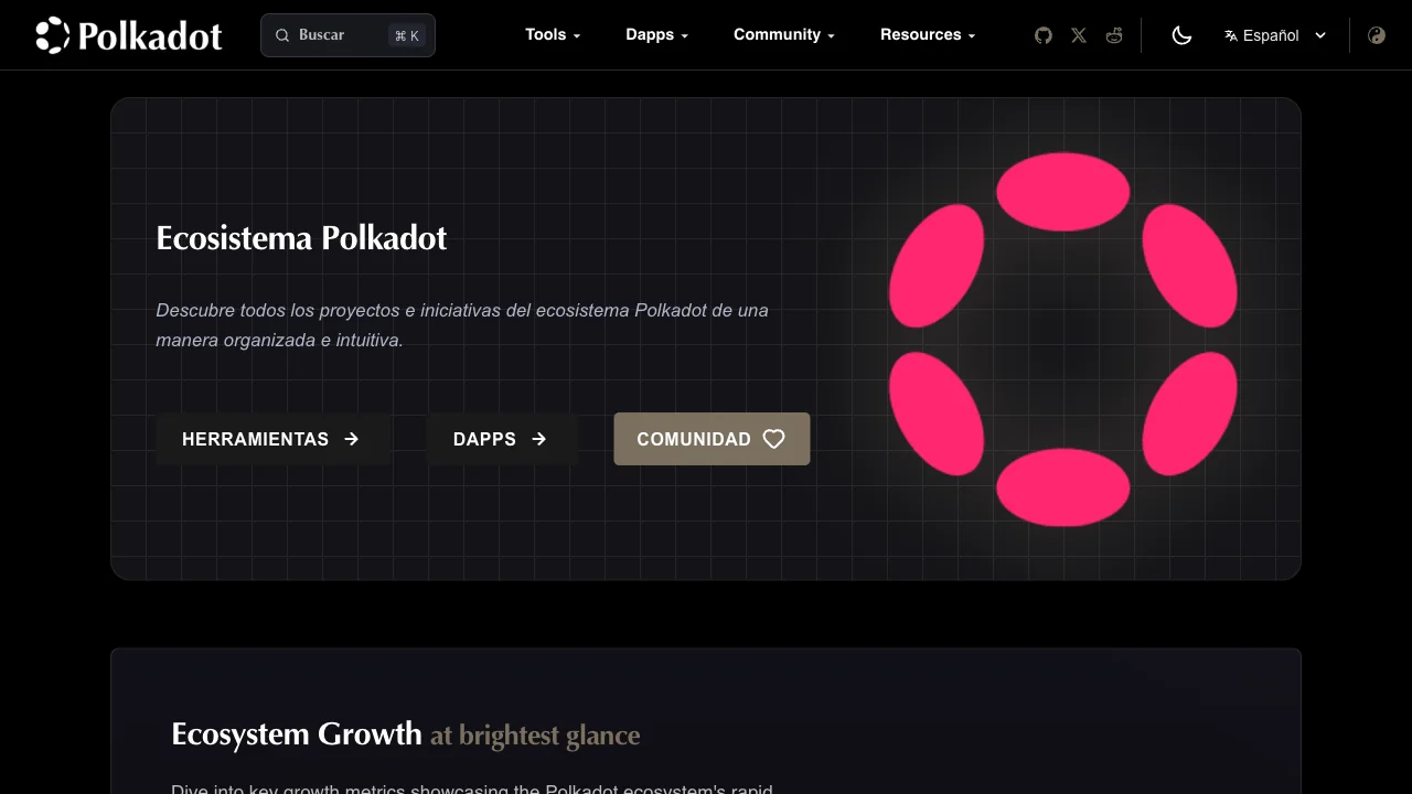 Inicio del Ecosistema Polkadot en modo oscuro con accesos a herramientas, dapps, comunidad y recursos.