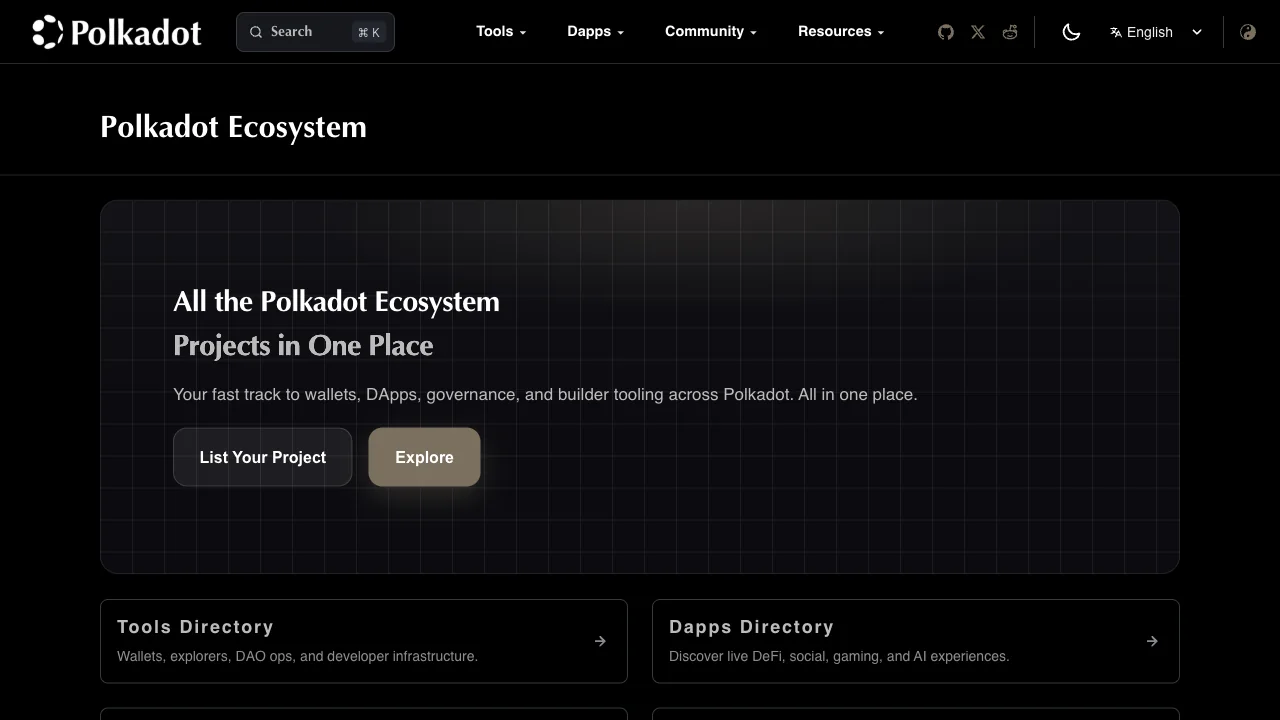 Polkadot Ecosystem home in dark mode with links to tools, dapps, community, and resources.