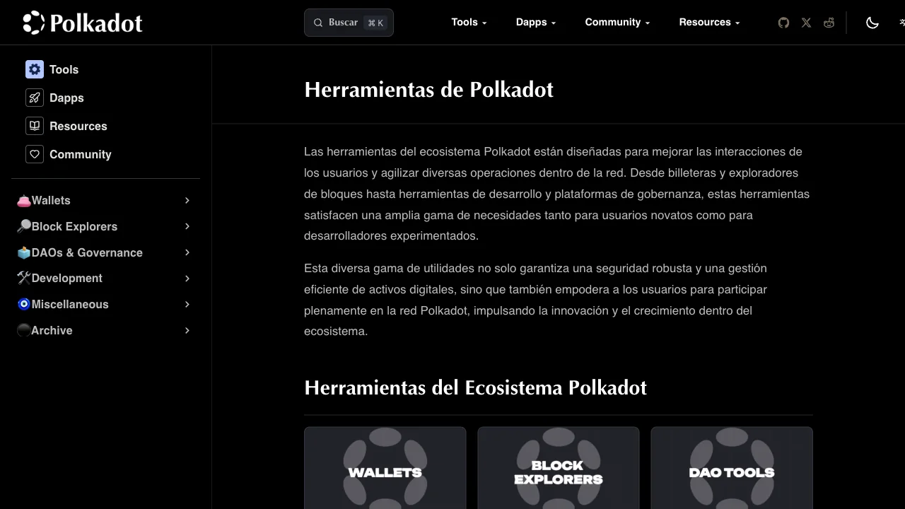 Directorio de herramientas de Polkadot con categorías de wallets, exploradores, gobernanza y desarrollo.