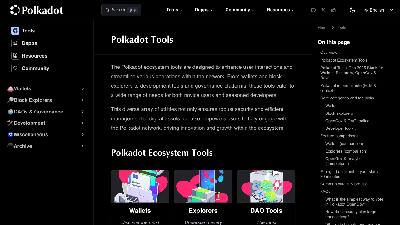 Polkadot Tools directory showing wallet, explorer, governance, and development categories.