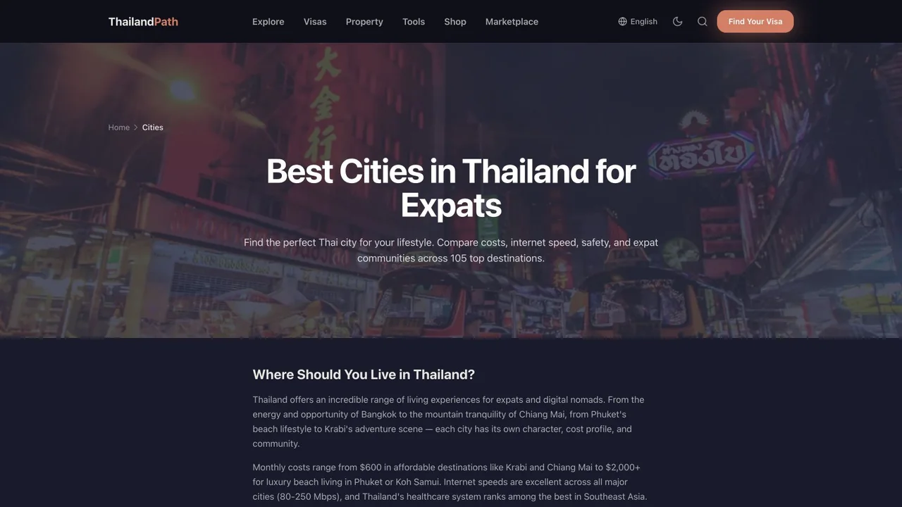 The English-language Thailand Path city guide introducing destination comparisons for expats.