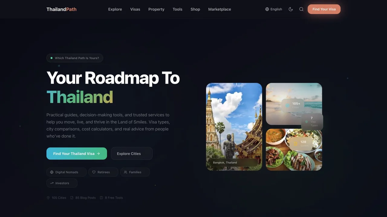 The English-language Thailand Path homepage with relocation guides, city and visa links, and Bangkok imagery.