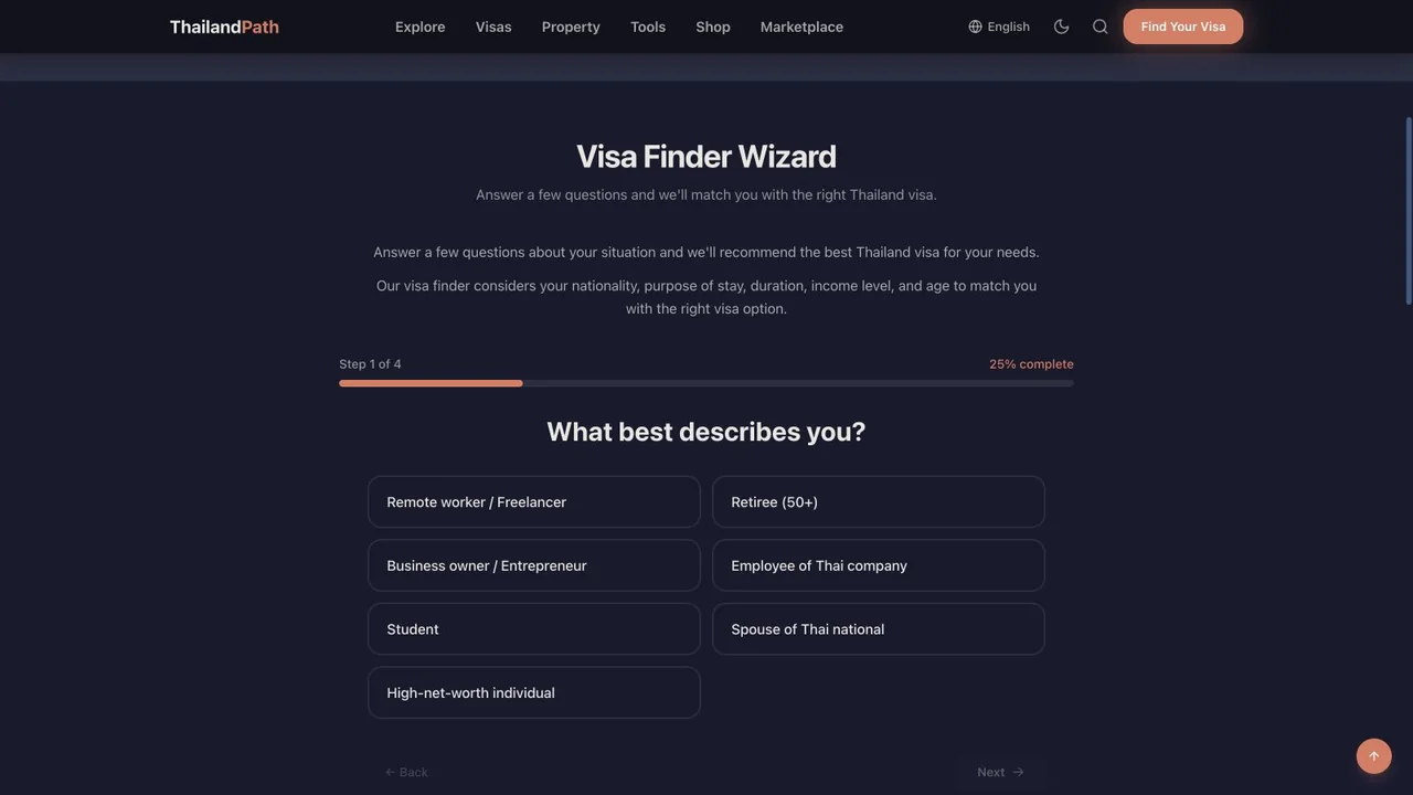 The English-language Thailand Path Visa Finder showing its first question and visitor situation choices.