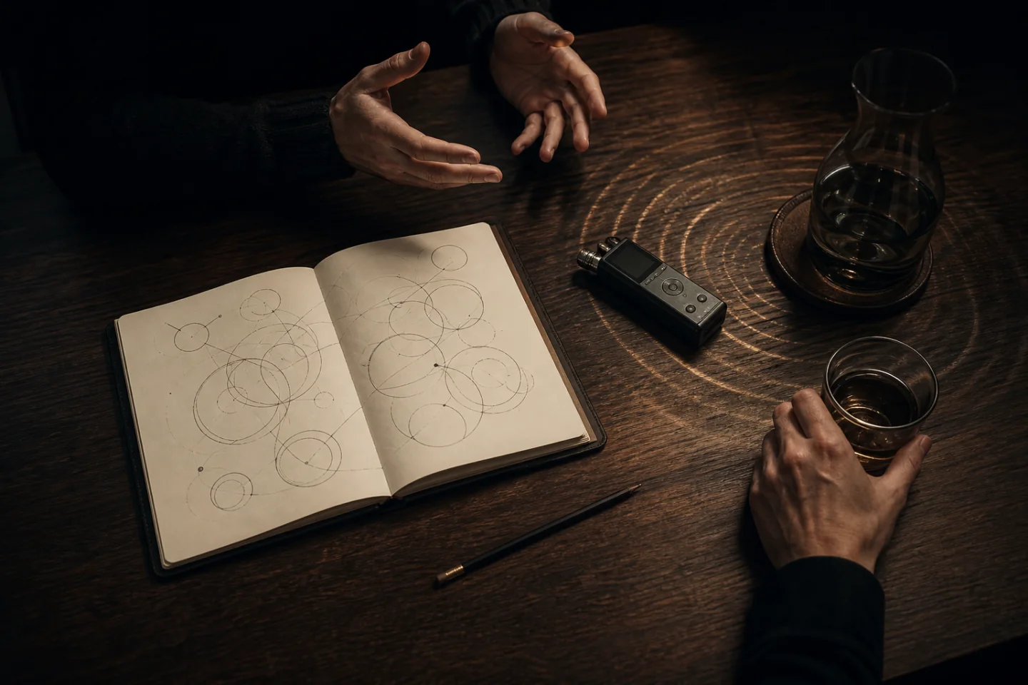 A discovery conversation around a notebook and recorder on a dark studio table
