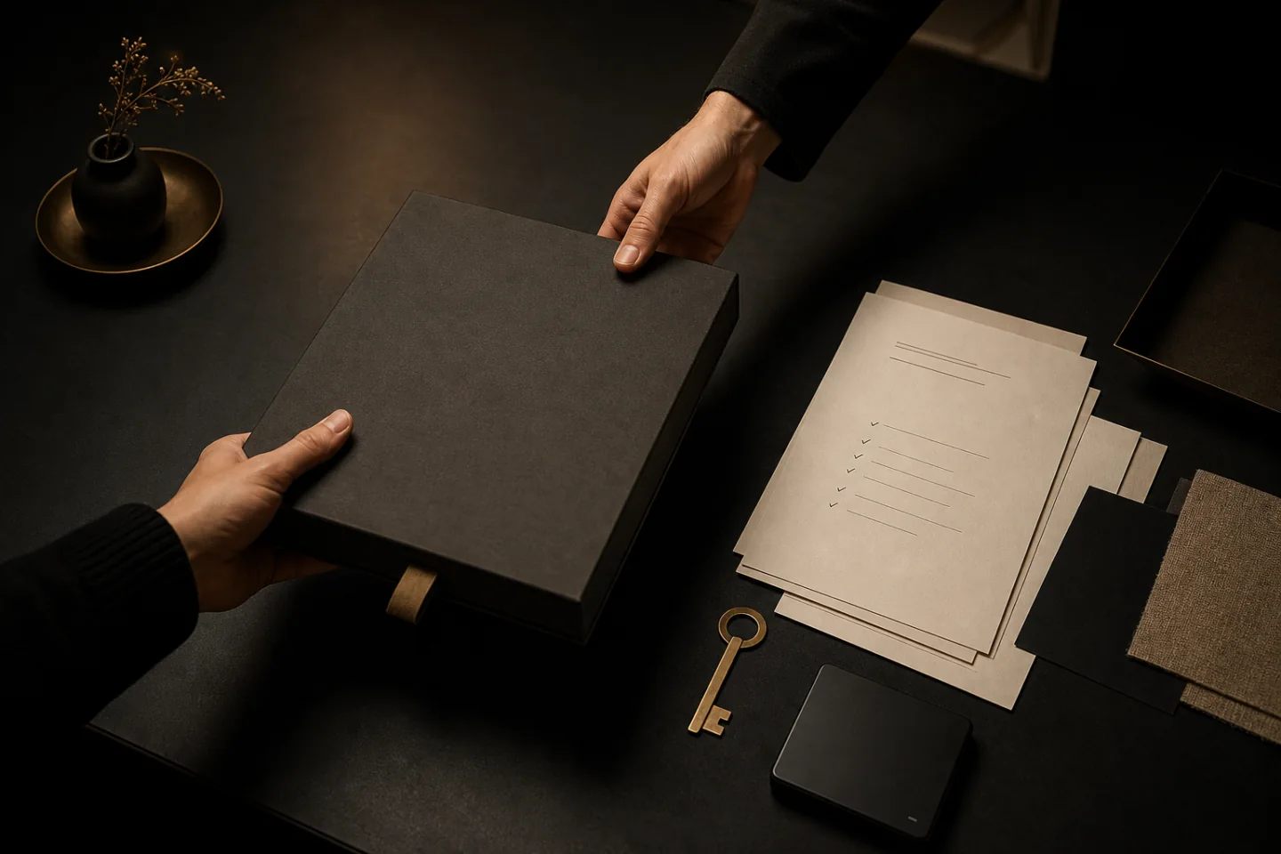 A completed delivery package, documentation, and files being handed from one person to another