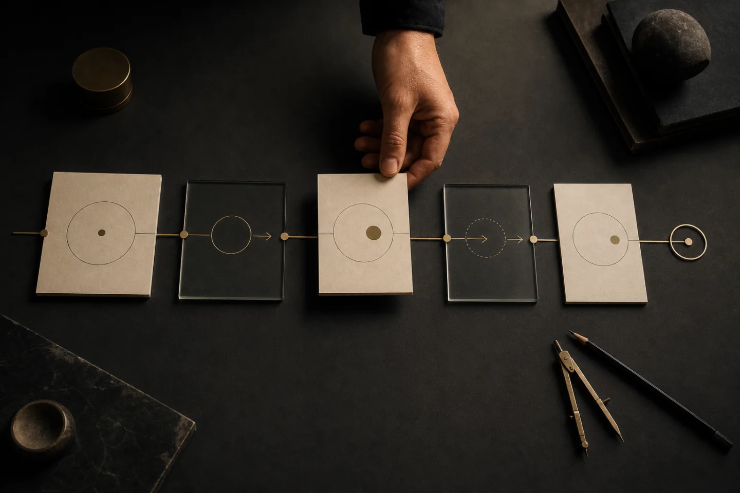 Paper and glass modules arranged as a strategic roadmap on a black table